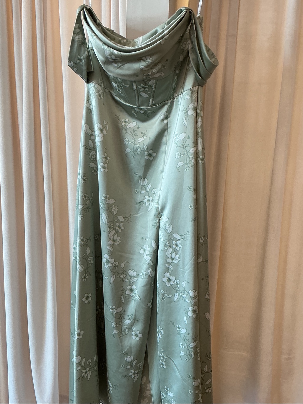 Sage Green Floral Cowl Neck Off The Shoulder Satin Dress